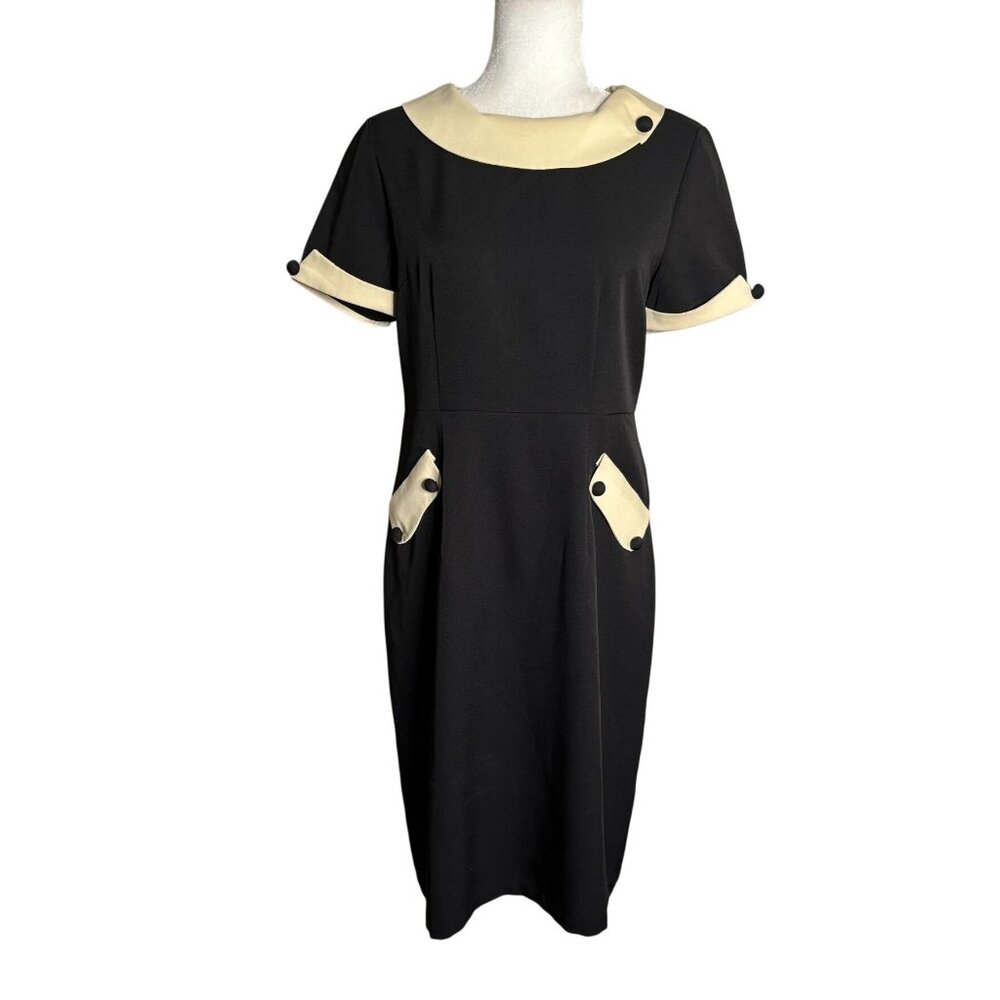 Lindy Bop Retro 50s Tiffany Pencil Wiggle Dress Size L Black Boat Neck Pockets